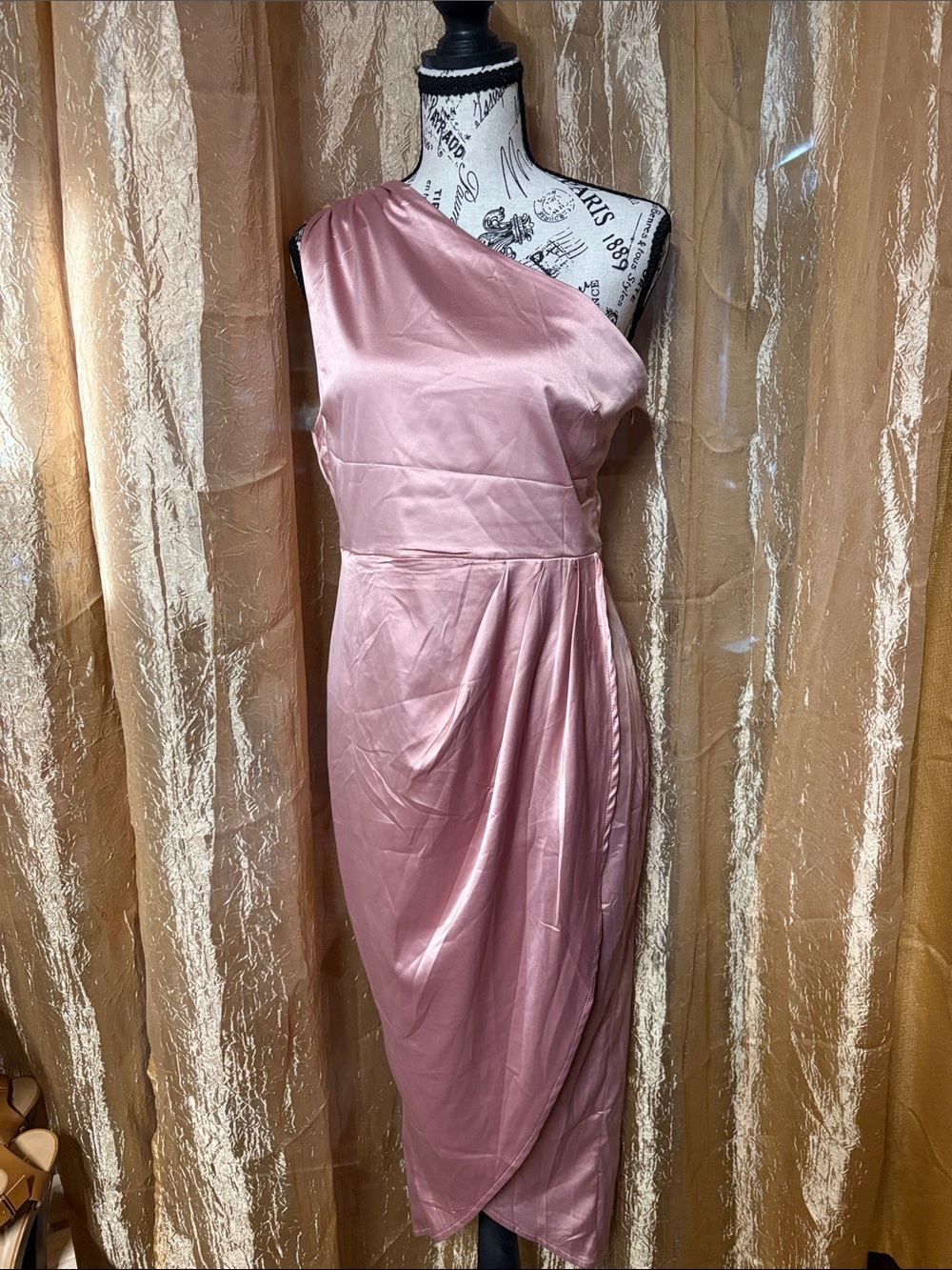 One-Shoulder Pink Satin Cocktail Dress rose gold